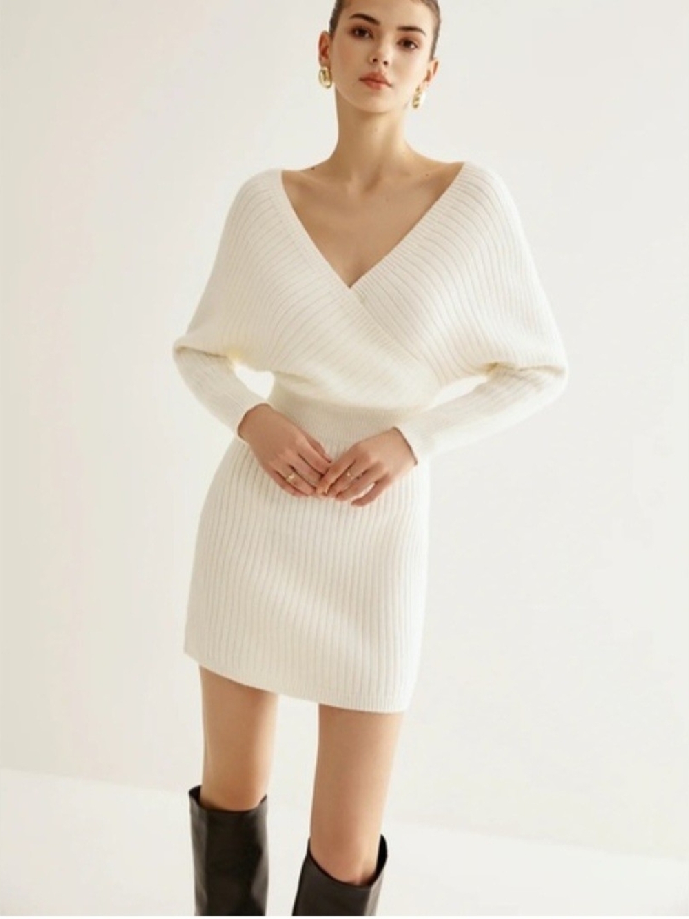 V-Neck Ribbed Knit Mini Dress in Ivory